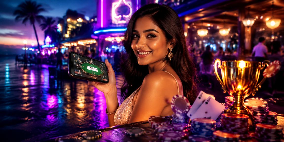 Relaxed Indian player enjoying poker game at a beach setting