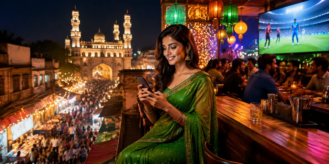 Indian woman enjoying cricket betting online in festive atmosphere